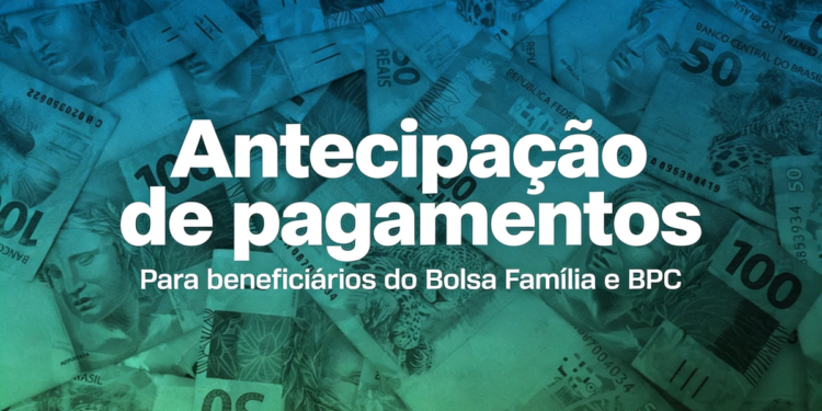 Notas de reais de R$50 e R$100 com texto sobre antecipação de pagamentos do Bolsa Família e BPC.