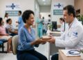 Médico entrega caixa de medicamento a paciente mulher em unidade oncológica do SUS, com outros pacientes ao fundo