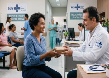 Médico entrega caixa de medicamento a paciente mulher em unidade oncológica do SUS, com outros pacientes ao fundo