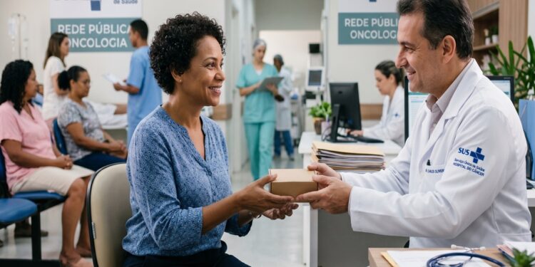 Médico entrega caixa de medicamento a paciente mulher em unidade oncológica do SUS, com outros pacientes ao fundo