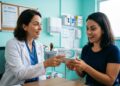 Médica de jaleco branco entrega caixa do Nurtec ODT a paciente sorridente em consultório com cartaz da Anvisa