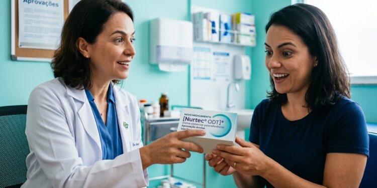 Médica de jaleco branco entrega caixa do Nurtec ODT a paciente sorridente em consultório com cartaz da Anvisa