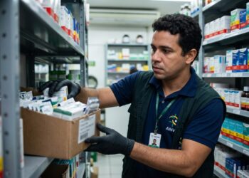 Fiscal da Anvisa com camisa azul e crachá retira caixas de medicamentos de prateleira durante ação de recolhimento