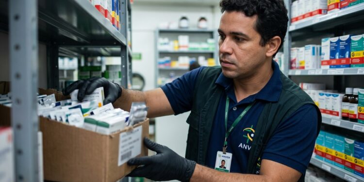 Fiscal da Anvisa com camisa azul e crachá retira caixas de medicamentos de prateleira durante ação de recolhimento