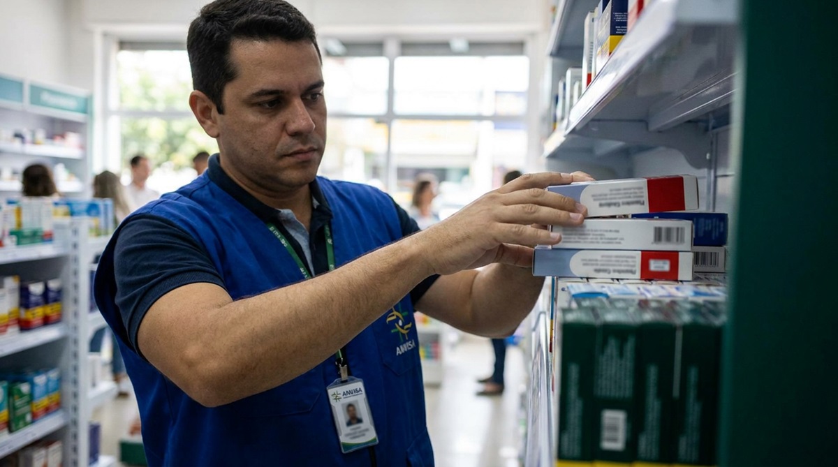 Fiscal da Anvisa com crachá e uniforme azul retira caixas de medicamentos de prateleira em farmácia