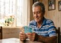 Idoso de cabelos grisalhos, camisa polo listrada azul, conta notas de R$ 50 e R$ 100 sentado à mesa de madeira em casa