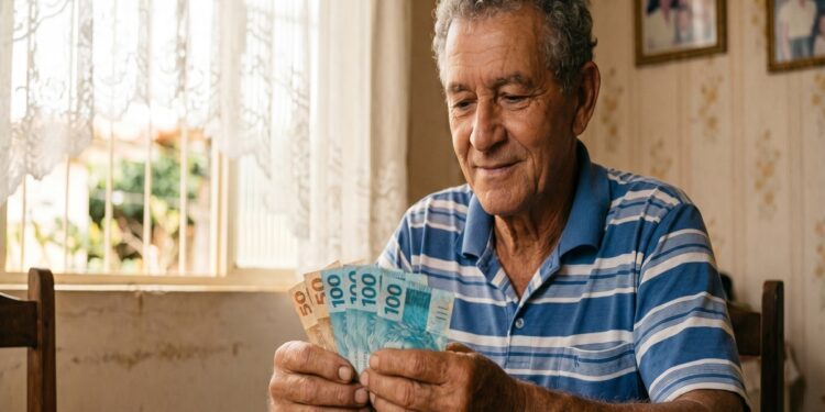 Idoso de cabelos grisalhos, camisa polo listrada azul, conta notas de R$ 50 e R$ 100 sentado à mesa de madeira em casa