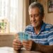 Idoso de cabelos grisalhos, camisa polo listrada azul, conta notas de R$ 50 e R$ 100 sentado à mesa de madeira em casa