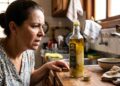 Mulher com expressão de desconfiança observa garrafa de azeite San Paolo extravirgem aberta em cozinha rústica