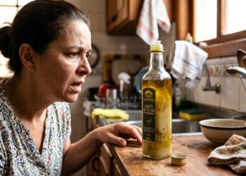 Mulher com expressão de desconfiança observa garrafa de azeite San Paolo extravirgem aberta em cozinha rústica