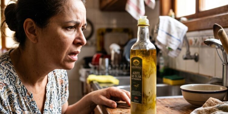 Mulher com expressão de desconfiança observa garrafa de azeite San Paolo extravirgem aberta em cozinha rústica