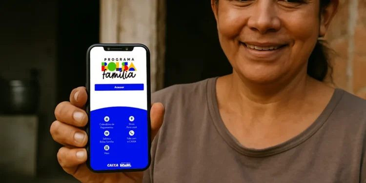 Mulher sorridente mostra celular com tela do aplicativo Bolsa Família da CAIXA, com opções de calendário e acesso