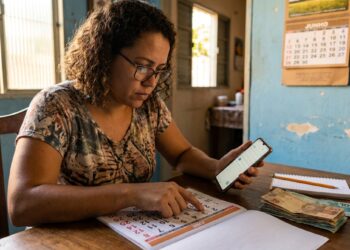 Mulher com cabelos cacheados e óculos consulta celular e calendário de papel, com notas de real sobre a mesa