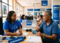 Homem idoso de camisa azul mostra cartão Caixa Tem para atendente em guichê de agência da Caixa Econômica Federal