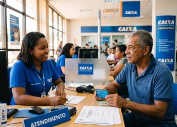 Homem idoso de camisa azul mostra cartão Caixa Tem para atendente em guichê de agência da Caixa Econômica Federal