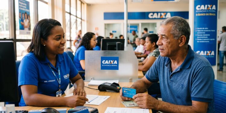 Homem idoso de camisa azul mostra cartão Caixa Tem para atendente em guichê de agência da Caixa Econômica Federal