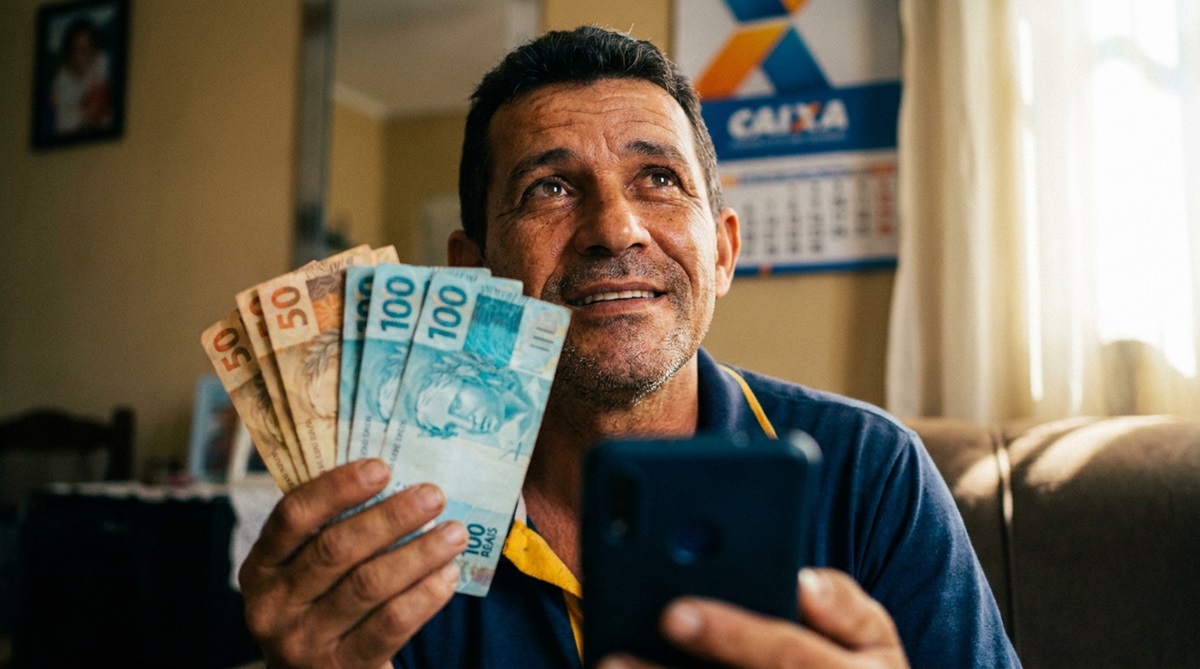 Homem sorridente segura notas de 50 e 100 reais em uma mão e celular na outra, com calendário da Caixa ao fundo