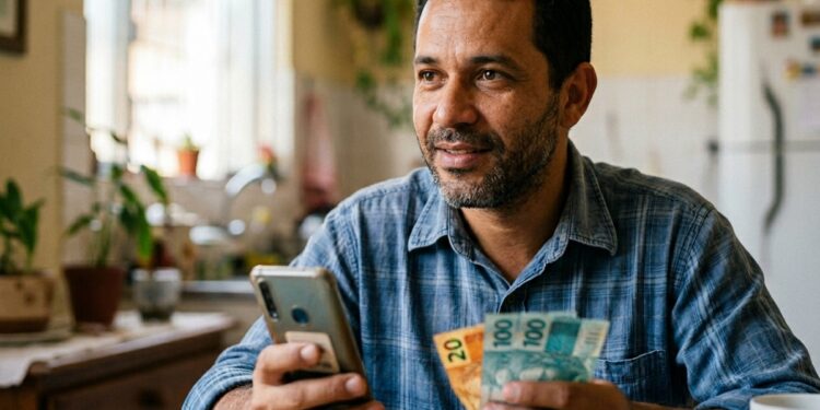 Homem de camisa azul xadrez segura celular e notas de real em cozinha doméstica com plantas