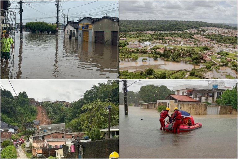 Montagem com quatro imagens mostrando as situações de calamidade dos municípios.