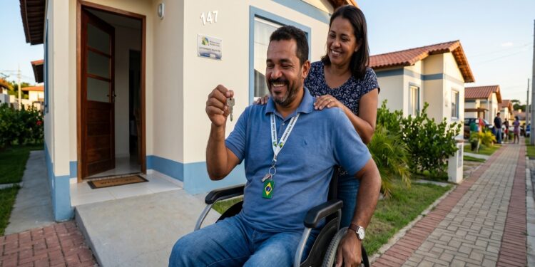 Homem em cadeira de rodas ergue chaves de imóvel sorrindo, ao lado de mulher que o abraça em frente à casa nova