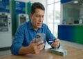 Homem de meia-idade usando camisa azul consulta celular e segura cartão em agência, com notas de R$ 100 na mesa
