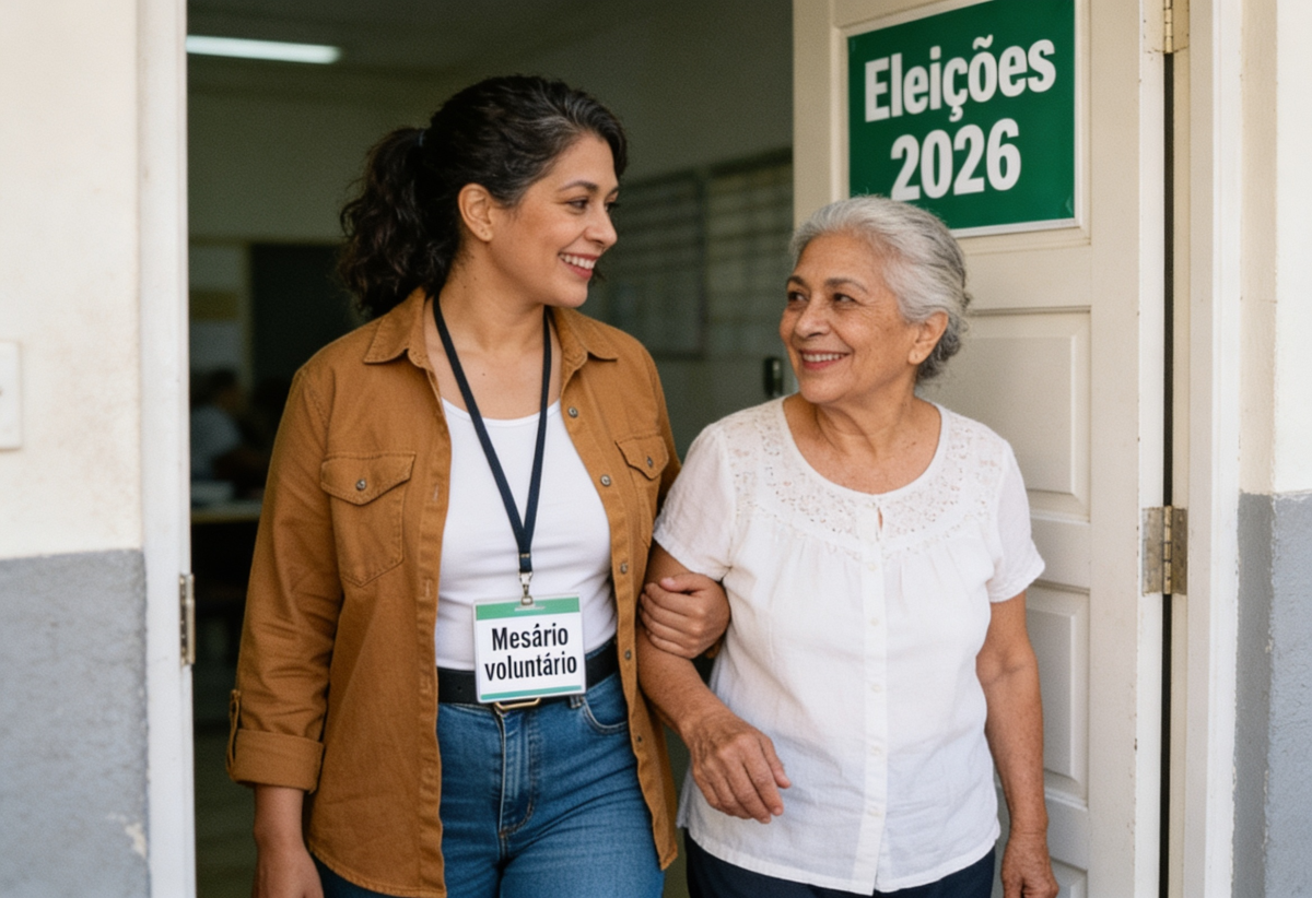 Mesária voluntária auxilia eleitora idosa nas Eleições de 2026.