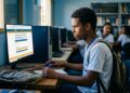 Jovem de uniforme escolar acessa sistema de confirmação do Enem 2026 em computador de laboratório com estantes de livros ao fundo