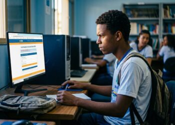 Jovem de uniforme escolar acessa sistema de confirmação do Enem 2026 em computador de laboratório com estantes de livros ao fundo