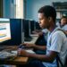 Jovem de uniforme escolar acessa sistema de confirmação do Enem 2026 em computador de laboratório com estantes de livros ao fundo
