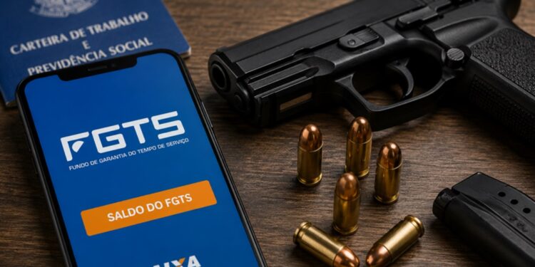 Celular exibe aplicativo FGTS da Caixa sobre mesa com pistola preta, munições, pente e carteira de trabalho azul
