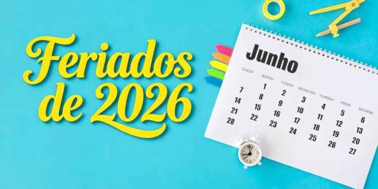 Calendário de junho e nome "Feriados de 2026".