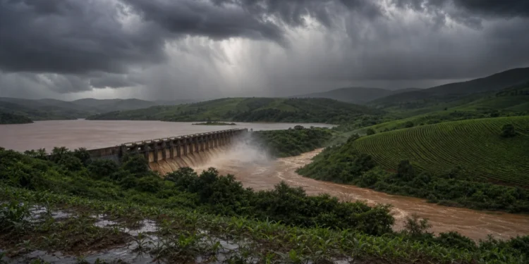 Barragem libera água barrenta sob nuvens escuras de tempestade, cercada por vegetação verde e plantações
