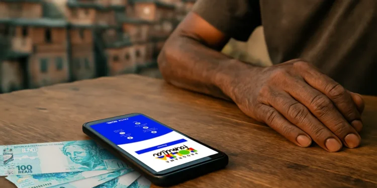 Mãos de homem apoiadas em mesa de madeira com celular mostrando app do Bolsa Família e notas de R$100