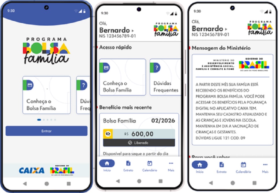 Três smartphones exibindo telas do aplicativo Bolsa Família: login, valor de R$ 600 liberado e mensagem do Ministério