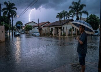 Homem com guarda-chuva listrado observa rua residencial alagada sob tempestade com raio ao fundo