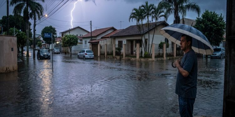 Homem com guarda-chuva listrado observa rua residencial alagada sob tempestade com raio ao fundo
