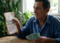Homem idoso de camisa azul segura calendário de junho de 2026 e notas de R$ 100 sentado à mesa de madeira