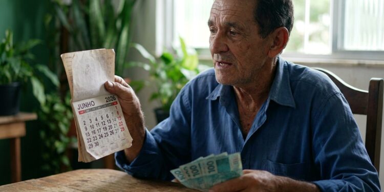 Homem idoso de camisa azul segura calendário de junho de 2026 e notas de R$ 100 sentado à mesa de madeira