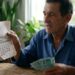 Homem idoso de camisa azul segura calendário de junho de 2026 e notas de R$ 100 sentado à mesa de madeira