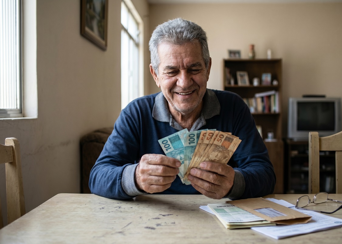 Homem idoso de cabelos grisalhos sorri enquanto conta notas de 50 e 100 reais em mesa de madeira