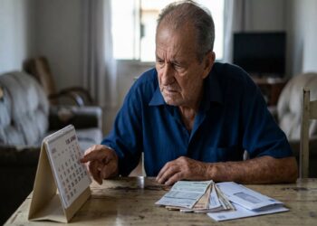 Idoso de camisa azul aponta para calendário de junho com contas sobre a mesa, ambiente residencial ao fundo