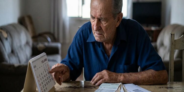 Idoso de camisa azul aponta para calendário de junho com contas sobre a mesa, ambiente residencial ao fundo