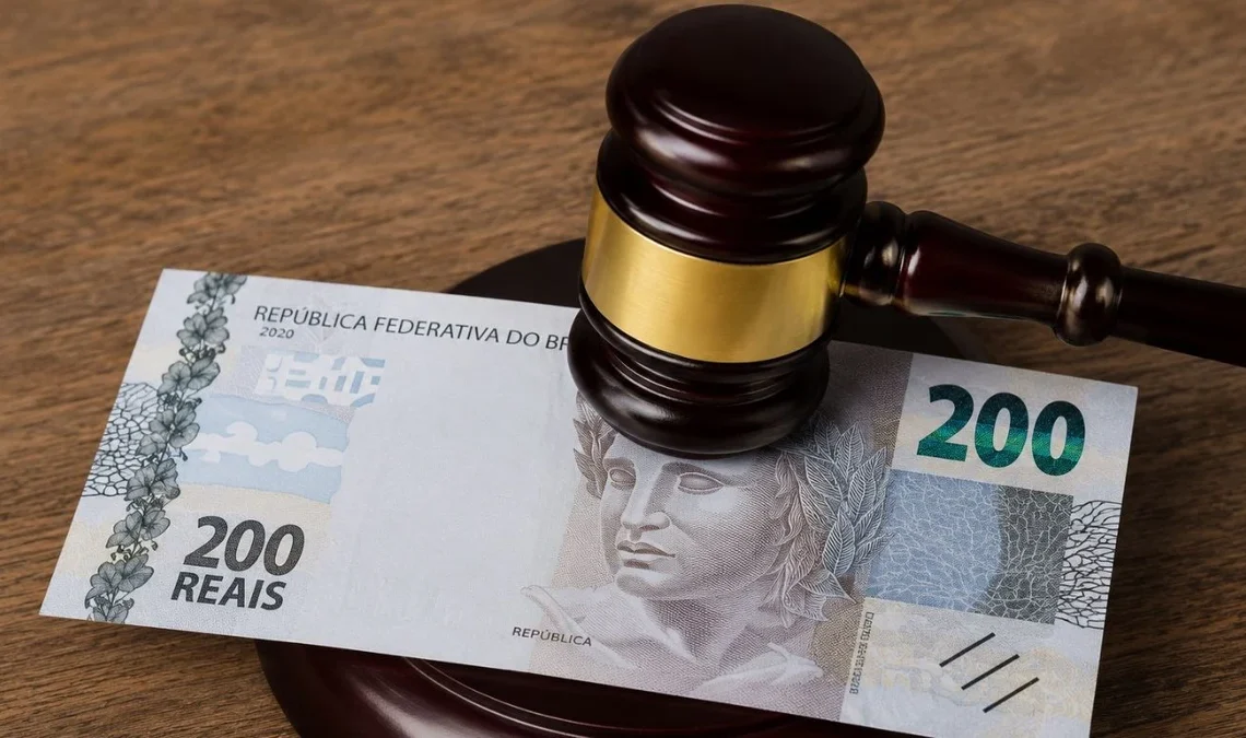 Martelo de juiz marrom com faixa dourada posicionado sobre cédula de R$ 200 em superfície de madeira