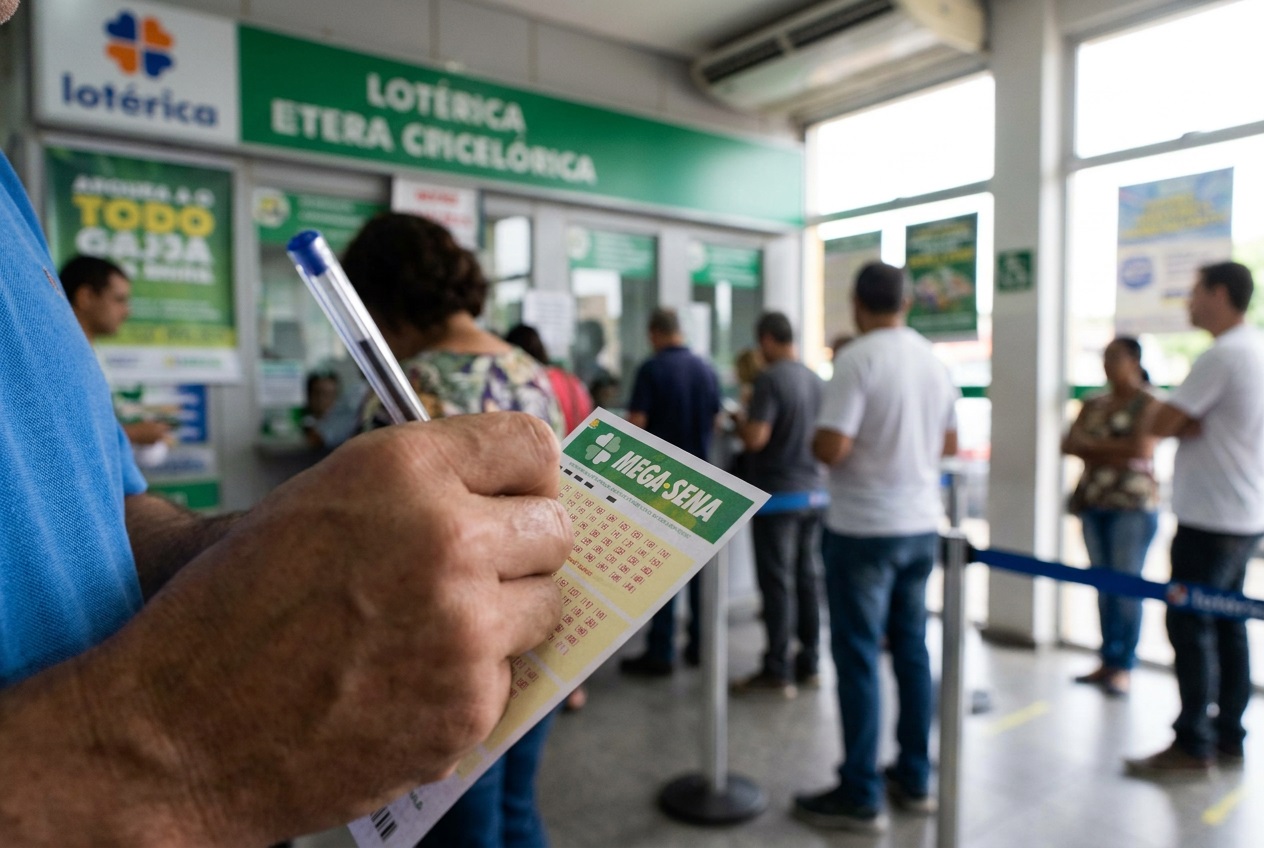 Mão segura volante da Mega-Sena e caneta em lotérica, com fila de apostadores ao fundo aguardando sorteio de R$ 200 milhões.