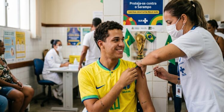 Jovem com camisa da Seleção Brasileira recebe vacina contra sarampo de profissional do SUS em posto de vacinação