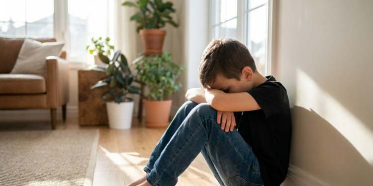 Menino triste sentado no chão de sala acolhedora com plantas.