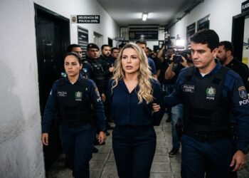 Deolane Bezerra, loira de macaquinho azul marinho, escoltada por dois policiais civis em corredor de delegacia
