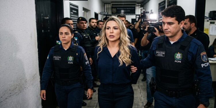 Deolane Bezerra, loira de macaquinho azul marinho, escoltada por dois policiais civis em corredor de delegacia
