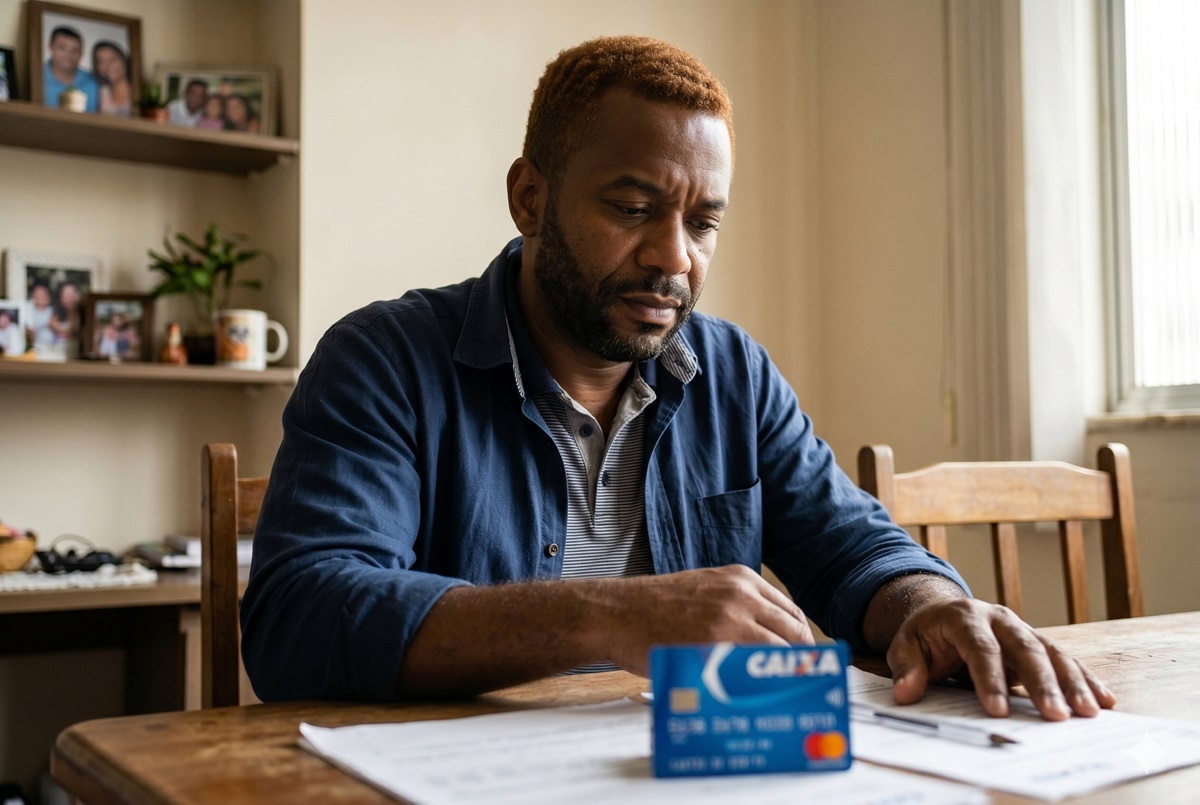 Homem negro de camisa azul segura cartão Caixa sobre mesa com documentos em ambiente doméstico iluminado