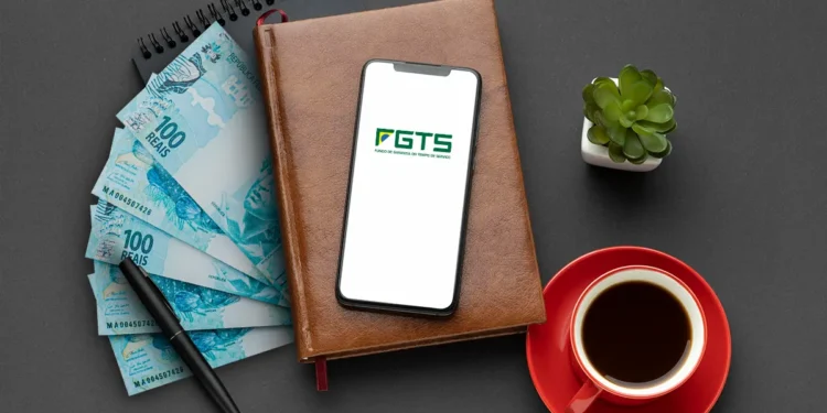 Notas de 100 reais, smartphone exibindo logo do FGTS sobre agenda de couro, caneta, xícara de café e suculenta